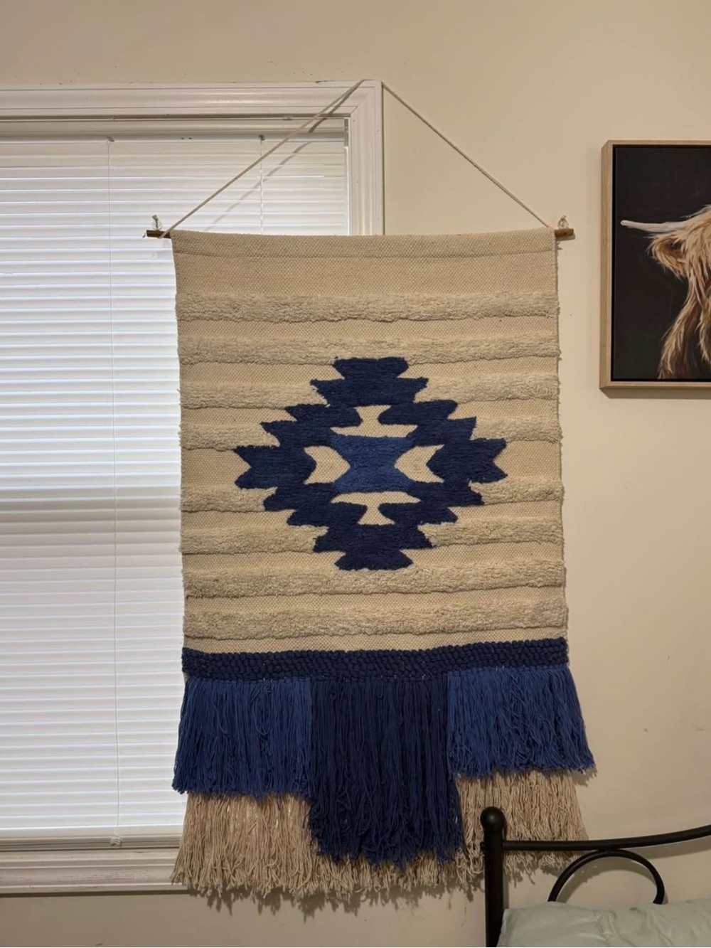 Handwoven Cream and Navy Geometric Wall Hanging